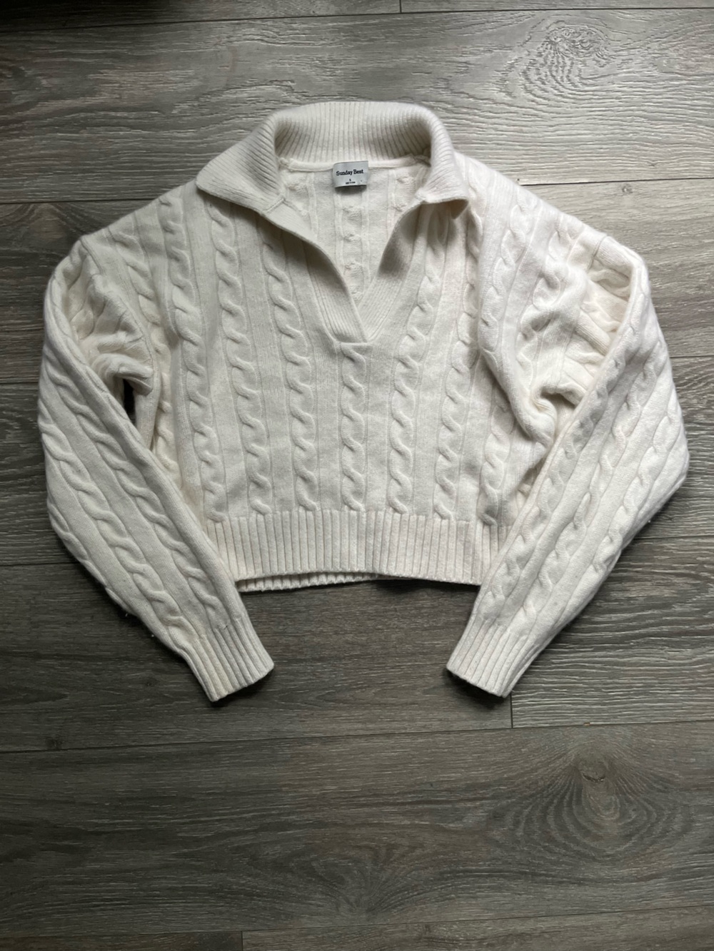 Aritzia Sunday Best Cream Cable Knit Wool Blend Cropped Long Sleeve Sweater S